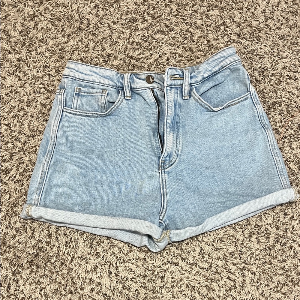 KanCan Light Blue High-Rise Rolled Hem Denim Shorts